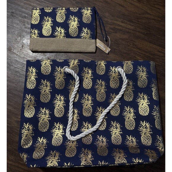 Pineapple Tote Bag Rope String Snap Closure Navy Gold Zipper Accessory Bag NWT - Picture 2 of 6